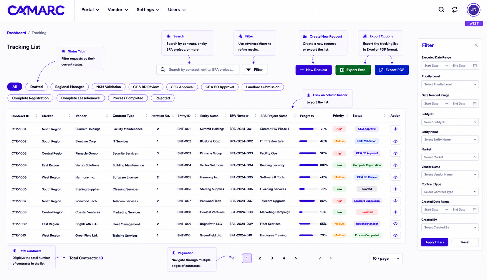 CAMARC tracking list with advanced filters, search, and export-ready results.